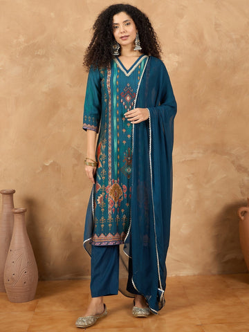 varanga Women A Vibrant 3-Piece Blue Ikat-Printed Kurta Set With Solid Trousers And A Lace-Trimmed Dupatta (Perfect For Festive Occasions, Styled Best With Jhumkas, Juttis, And Soft Glam Makeup.)